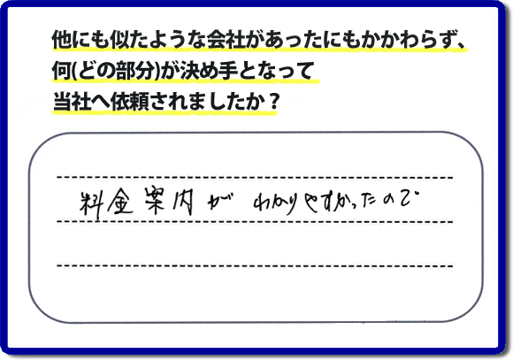 口コミ５　料金案内がわかりやすかったので。当社では、不用品片付け、お掃除、修理、などすべての作業において、お問い合せ時には費用の目安をお伝えして、現地では再度お見積り行いお客様のご承諾をいただいてから必ず作業を行っています。安心と信頼の何でも屋・便利屋なら「【便利屋】暮らしなんでもお助け隊 福岡赤坂店」（福岡）へお電話ください。ホームページではたくさんのクチコミ・評判のお客様の声・笑顔を掲載しています。ぜひご参考にしてください。