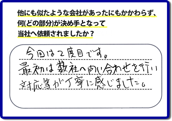 口コミ評判１４　今回で２度目です。最初は弊社へ問合せを行い対応等が丁寧に感じました。便利屋・何でも屋の「【便利屋】暮らしなんでもお助け隊 福岡赤坂店」（福岡）のホームページでは、代表者山口は、電話の対応に気を付けています。スタッフの顔写真・お客様の笑顔・実際のお客様の口コミ評判コメントを掲載しています。安心と信頼を心がけ作業を行い続けて２０年。家のことで困ったら町の便利屋・何でも屋の【便利屋】暮らしなんでもお助け隊 福岡赤坂店　電話番号0120-263-101へお電話ください。