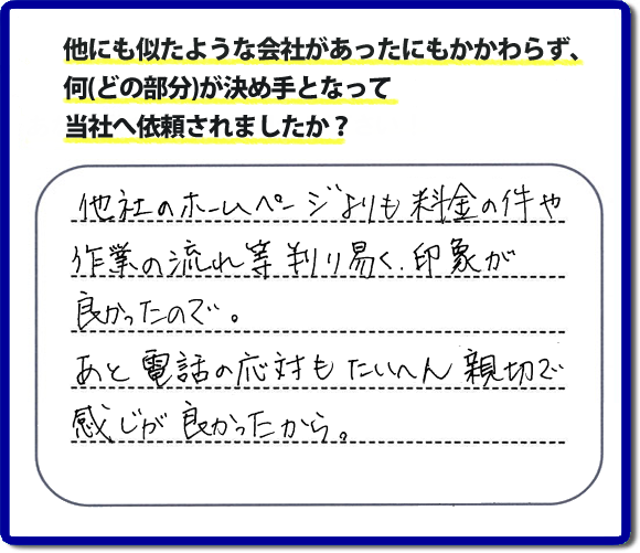 口コミ評判２２　「他社のホームページよりも料金の件や作業の流れ等が判り易く、印象が良かったので。あと電話の応対もたいへん親切で感じが良かったから。」と糟屋郡志免町のお客様よりたいへんうれしいお褒めのメッセージをいただきました。便利屋【便利屋】暮らしなんでもお助け隊 福岡赤坂店（福岡）では、福岡一番の口コミ評判のメッセージを掲載しています。お家の片付けで困ったときは、何でも屋・便利屋【便利屋】暮らしなんでもお助け隊 福岡赤坂店へお電話下さい。